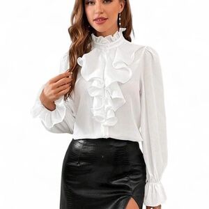 High-Collar Exaggerated Ruffle Shirt - WHITE- SMALL